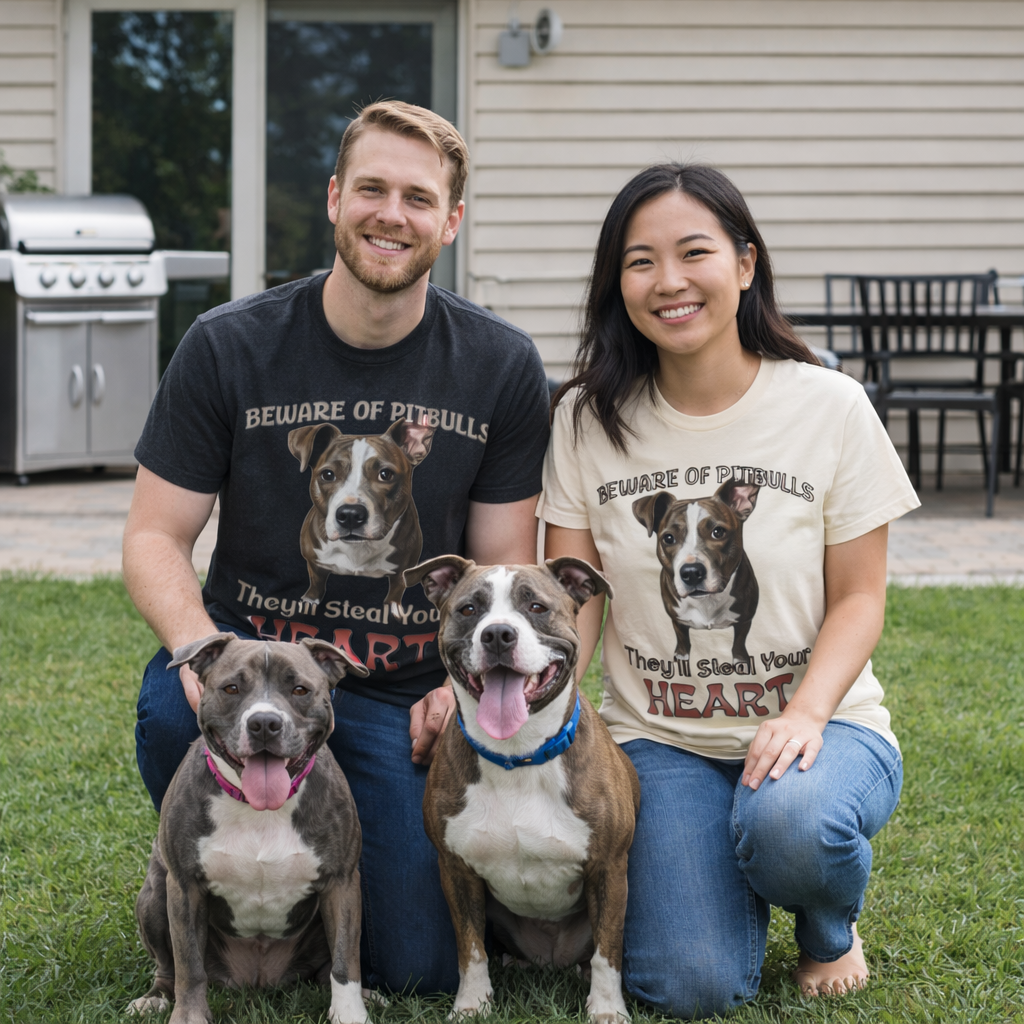 Two people wearing t-shirts with dog images and text, posing with two dogs outdoors.